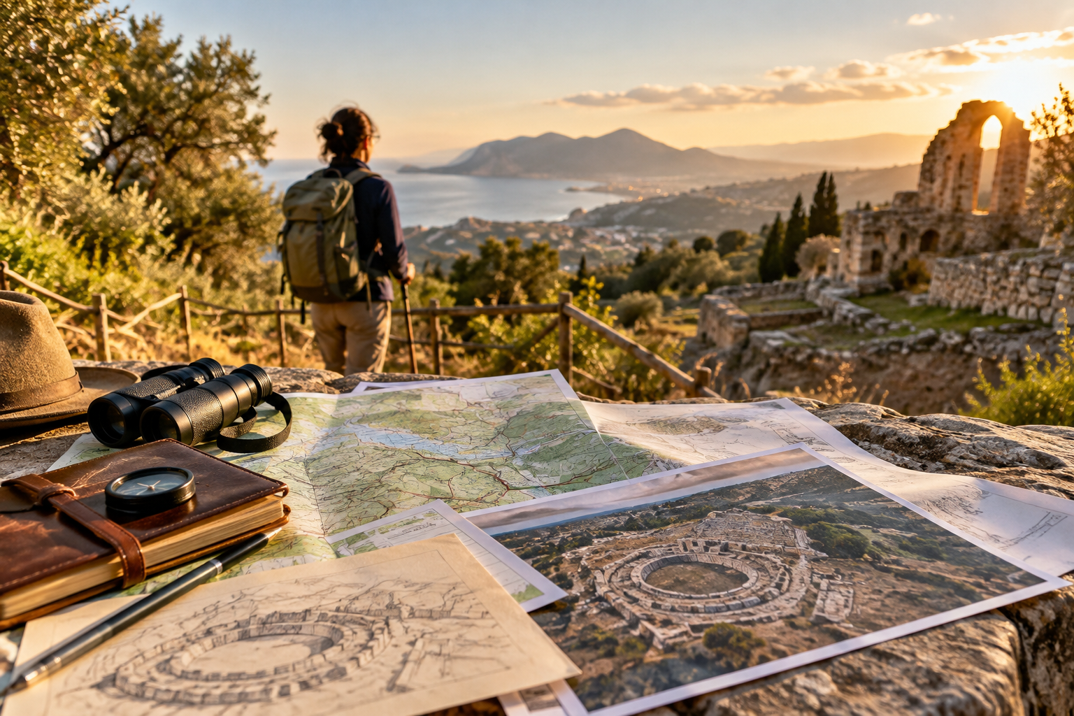 Sentiero in un paesaggio archeologico con un pannello interpretativo e indicazioni per proseguire il percorso