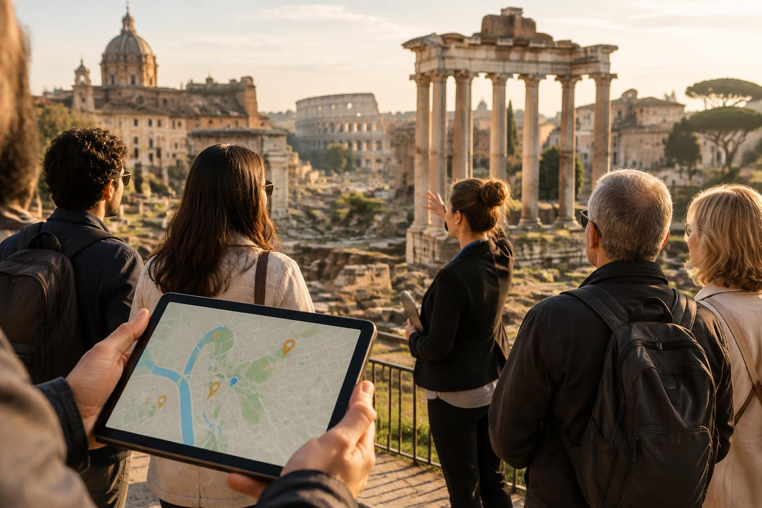 Gruppo di visitatori con una guida davanti a un'area archeologica romana al tramonto, con una mappa digitale su tablet