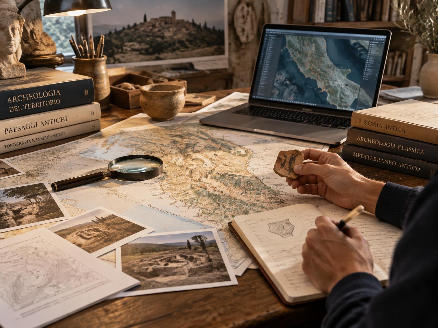 Tavolo di ricerca archeologica territoriale con mappe e fonti