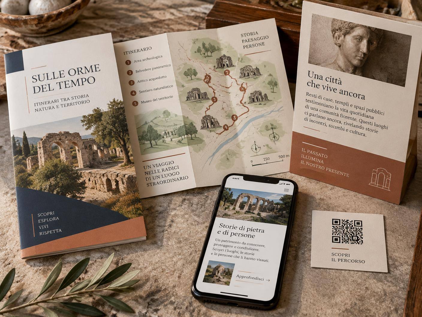 Esempi di brochure, itinerario, pannello e contenuto digitale