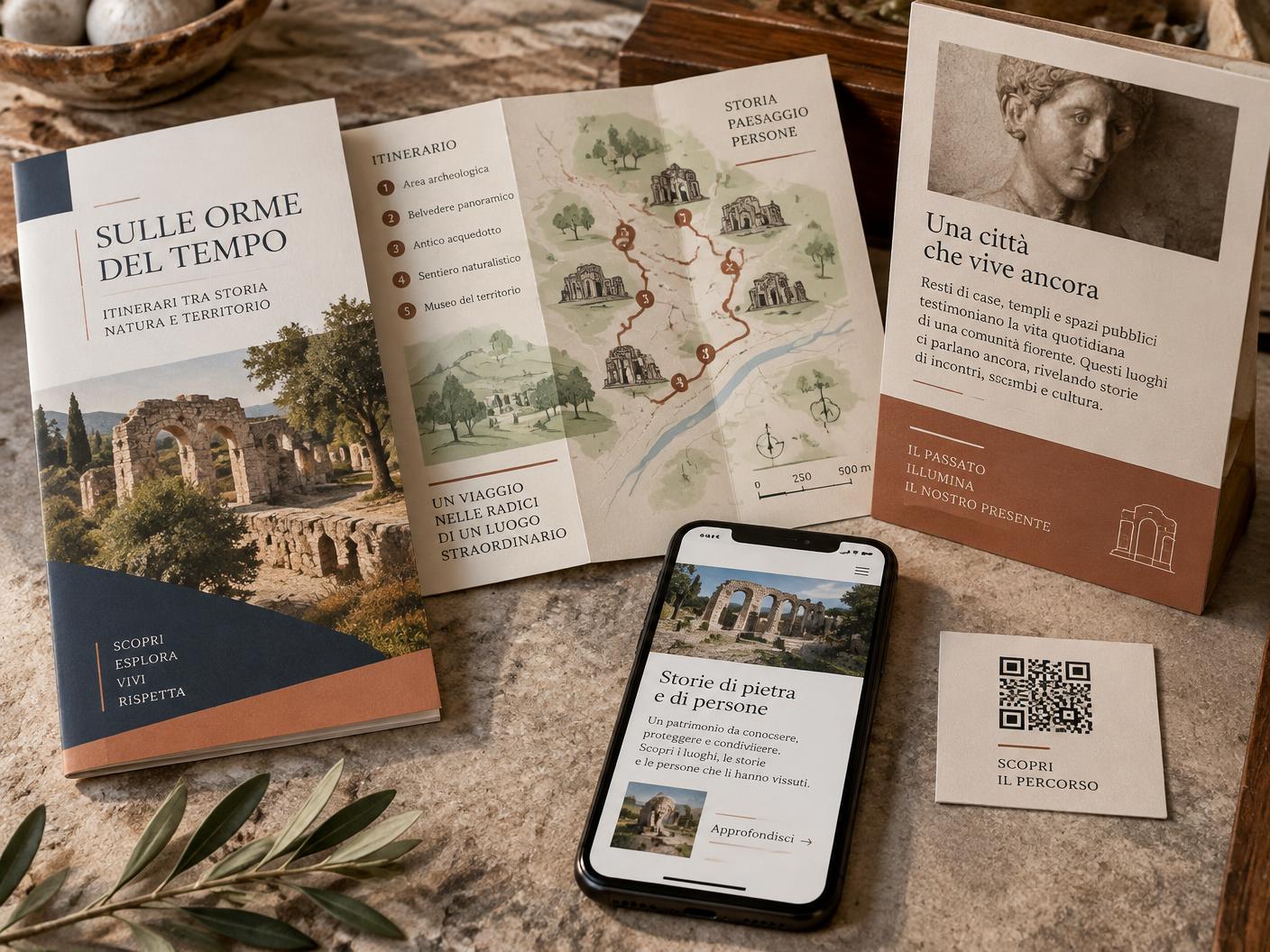 Esempi di brochure, itinerario, pannello e contenuto digitale